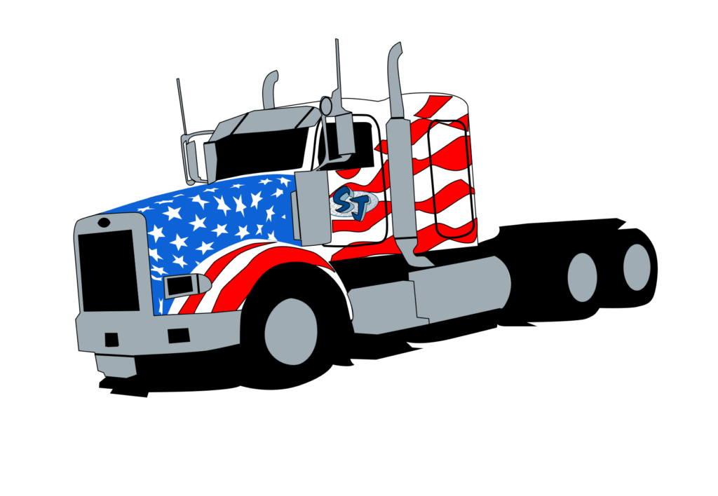 lowbed truck with american flag